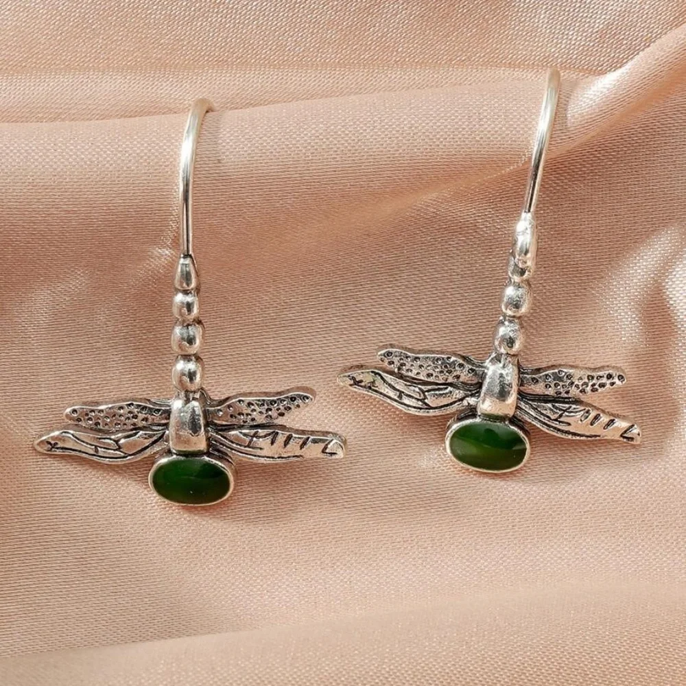 dragon fly silver green earrings